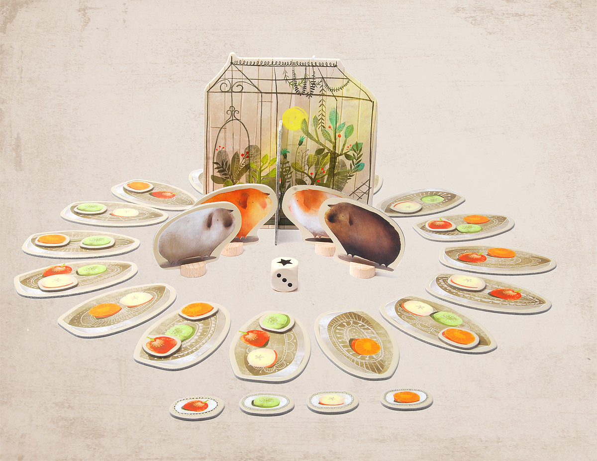Piggily board game with guinea pig game tokens and dice